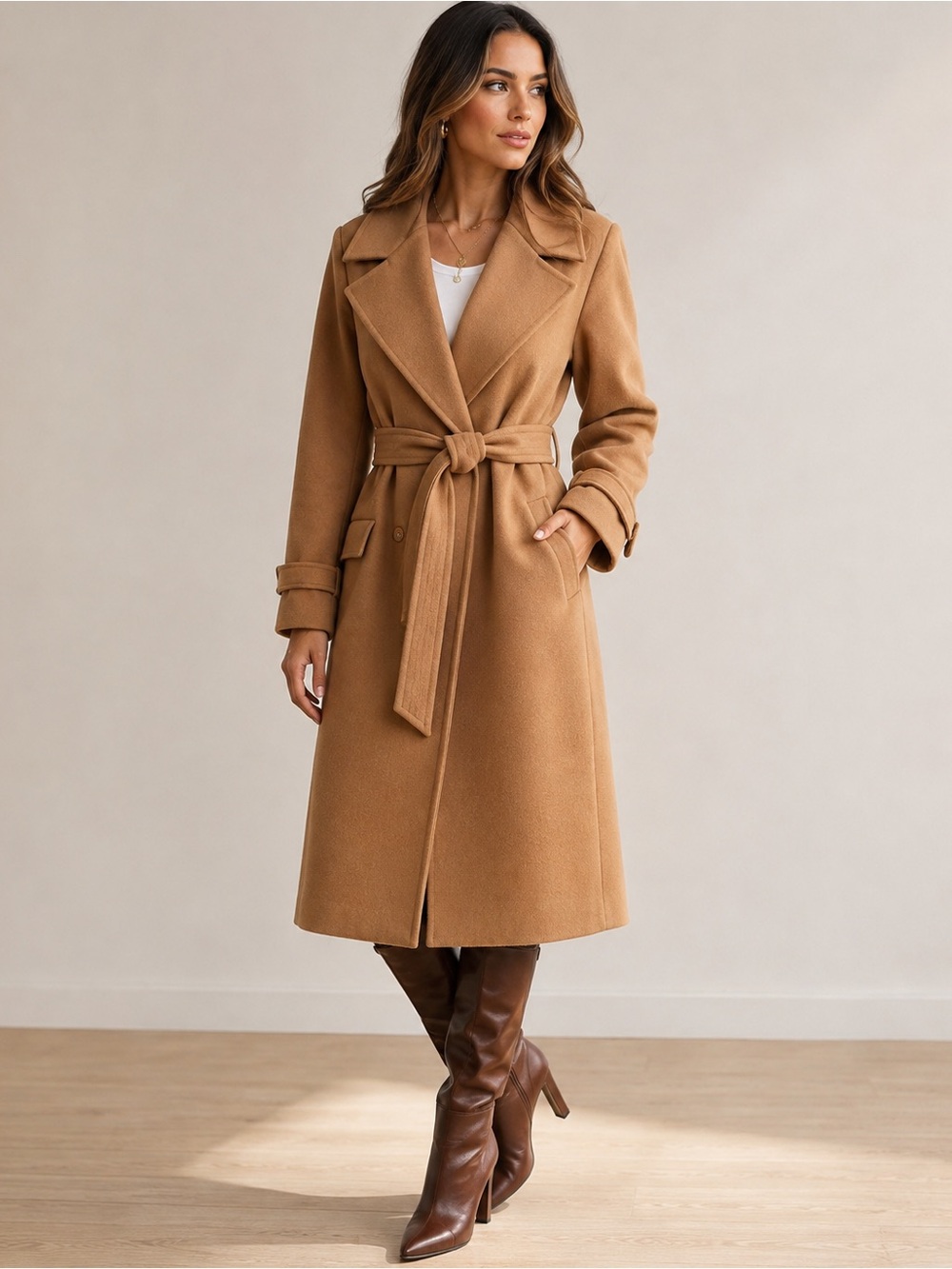 EXPRESS Camel Belted Long Coat Trench Style Oversized Lapel Size M